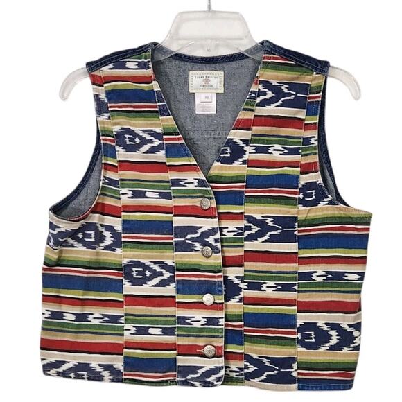 VTG 90s WOMEN DENIM VEST SZ S P AZTEC BOHO WESTERN FESTIVAL SOUTHWEST Y2K EUC - Picture 1 of 6